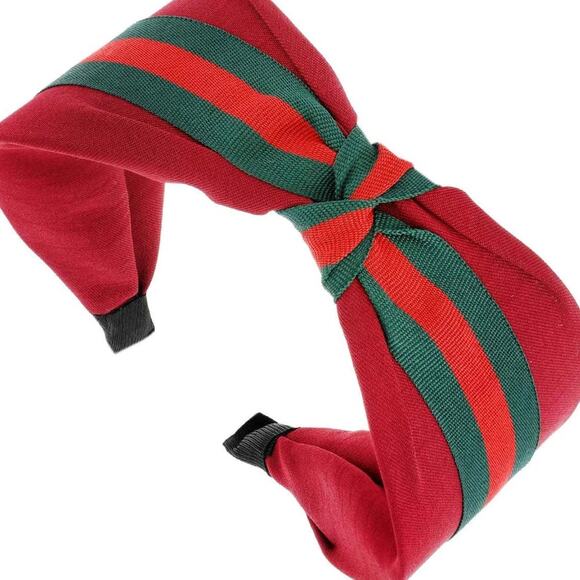 Knotted Bow w/ Green & Red Stripe Headband - Picture 1 of 2